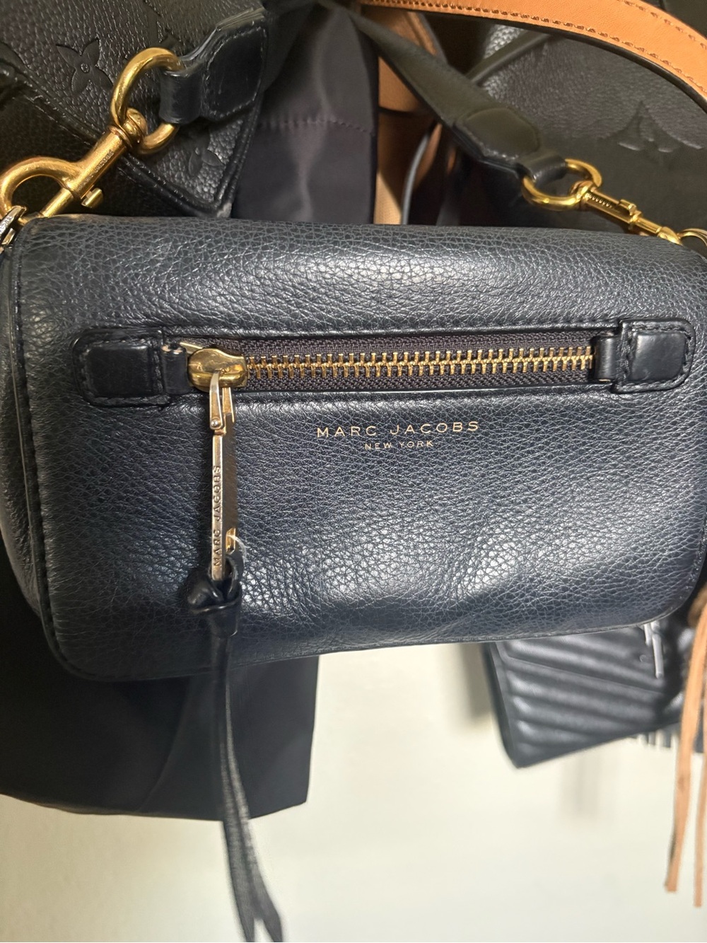 Marc Jacobs Black Leather Crossbody with Gold Hardware and Front Zip